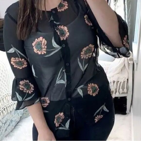 CAbi Black Sheer Foral Round Collar Ruffle Sleeve Button Down Blouse Top Sz S - Picture 1 of 11